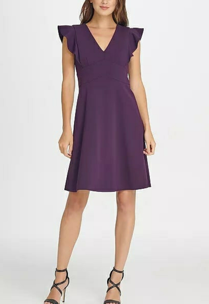 DKNY DKNY V-Neck Ruffle Cap Sleeve Aubergine